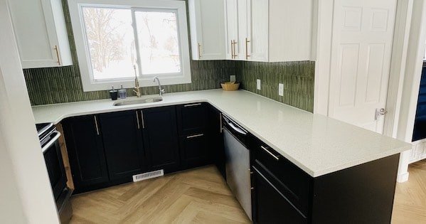 Black white green and gold ikea kitchen