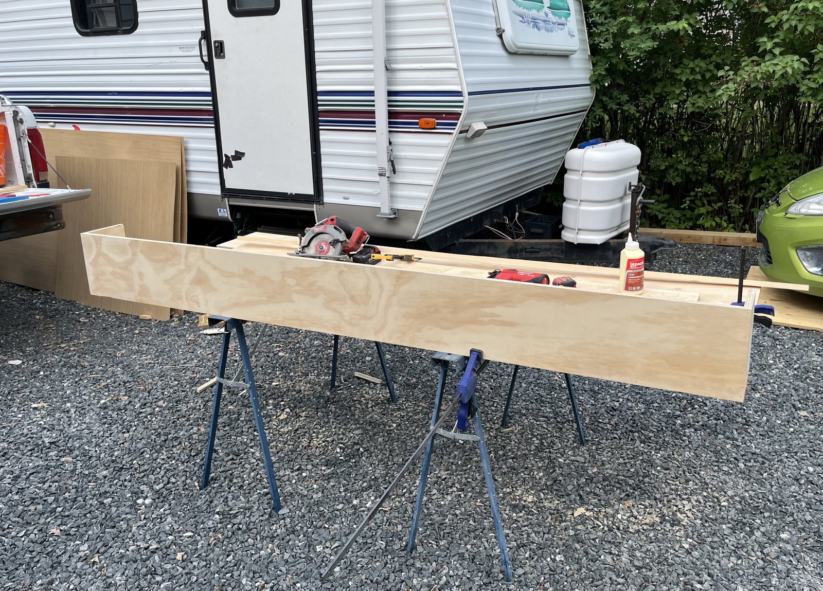window box planter being built with plywood, wood glue and brad nails