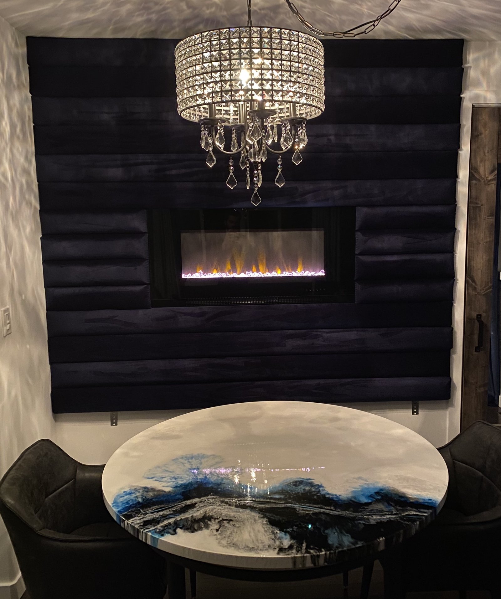 navy blue channels for upholstered banquette back