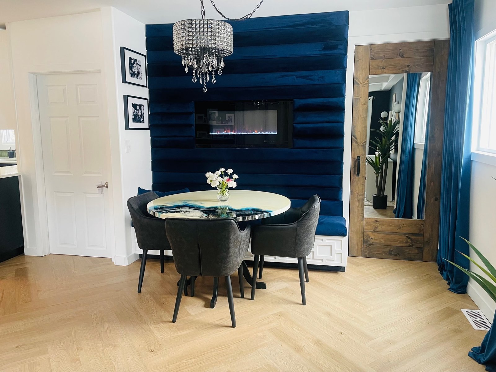 storage banquette with a built in fireplace