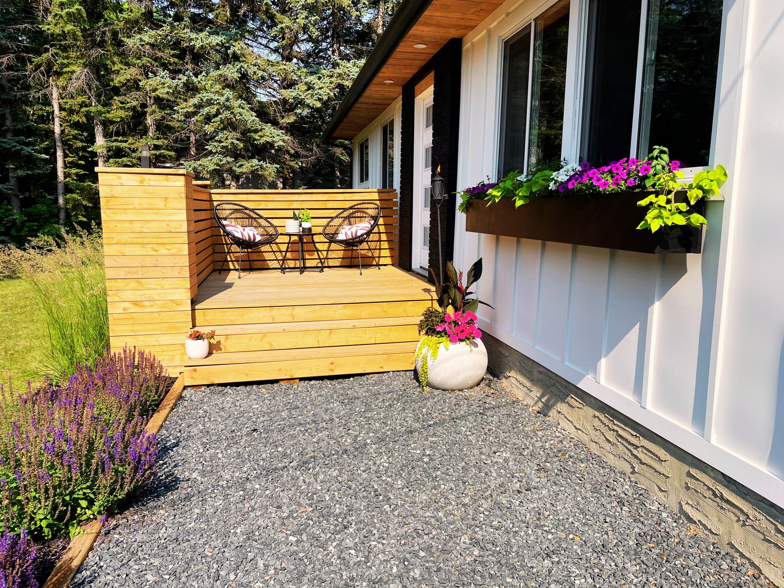 black window box with plants on front of house by walkway leading to modern privacy deck