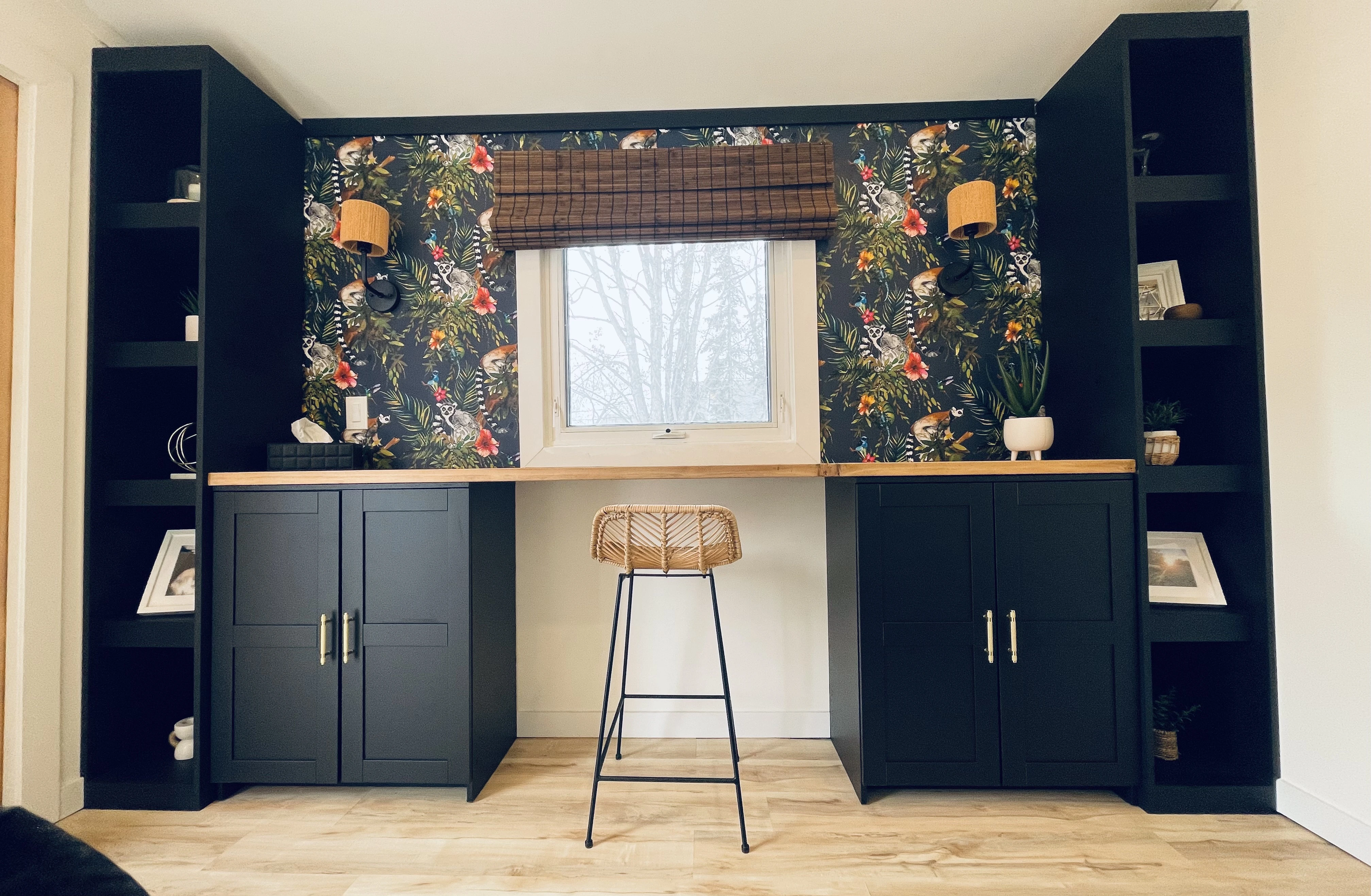 diy wall to wall built in desk with cabinets and bookcases