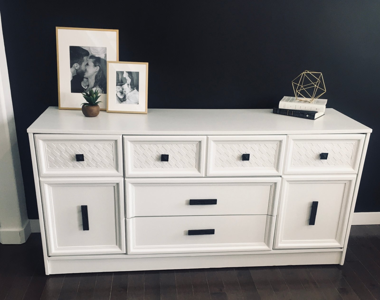 three dressers refinished with white paint and gold handles