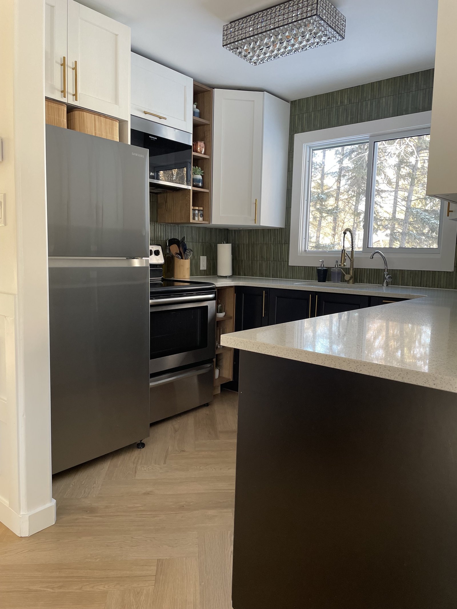 small kitchen with added warm wood open storage shelves