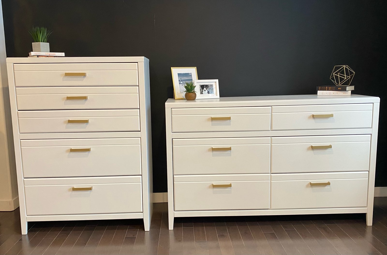 solid wood dark espresso color dresser with silver pulls painted white with gold pulls