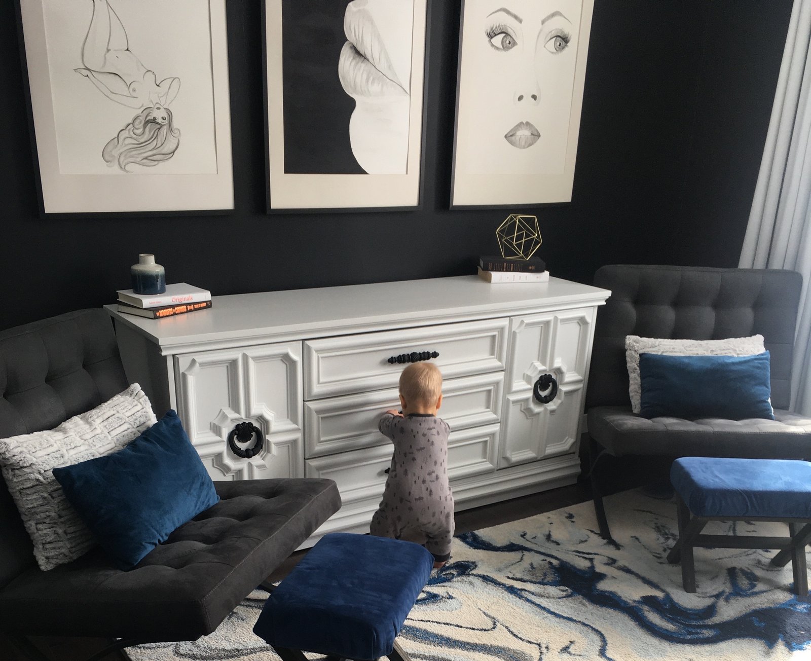 two tone white and walnut mid century modern credenza after being refinished to sell