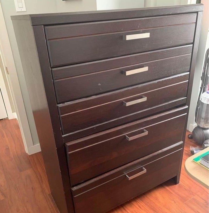 solid wood dark espresso color dresser with silver pulls